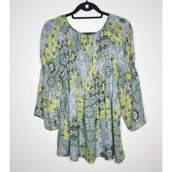 Spense Shirt Womens XL Green Blue Boho Peasant Tunic Top Bell Sleeve Print Flowy - Picture 2 of 7